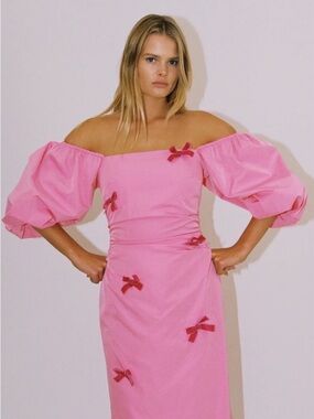 The Wolf Gang Amar Dress | Off-Shoulder Pink Puff-Sleeve Midi Dress with Bows